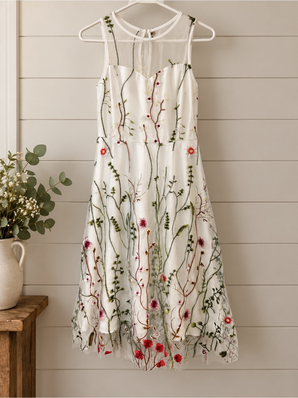 IWEMEK Women’s S Floral Embroidered Mesh Dress White NWT